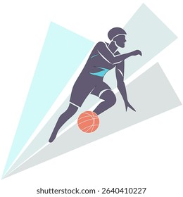 Basketball player icon. Sports action vector. Dynamic motion figure. Blue gradient background.