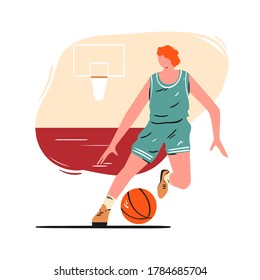 Basketball player isolated on white vector design. Cartoon illustration of man dribbles. Sportsman in uniform background