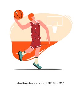 Basketball player isolated on white vector design. Cartoon illustration of man dribbles. Sportsman in uniform background