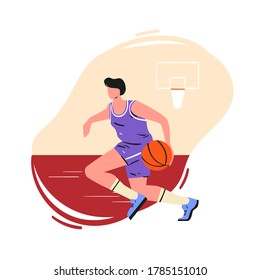 Basketball player isolated on white vector design. Cartoon illustration of man dribbles. Sportsman in uniform background