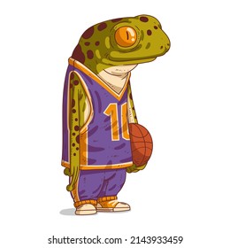 A basketball player, isolated vector illustration. Calm anthropomorphic frog, wearing a basketball uniform and holding a ball. Humanized toad. An animal character with a human body. Team player