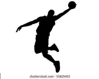 Basketball. The Player In A Jump. With A Ball. Graphics. The Silhouette.