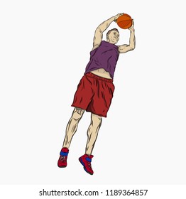 Basketball player in a jump with the ball in his hands. Outdoor sports. Vector illustration