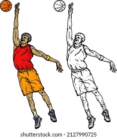 Basketball player jump to block a ball. Hand drawn vector illustration.