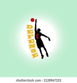 A basketball player jump to defend against a shot with the message: Defense. Vector illustration.