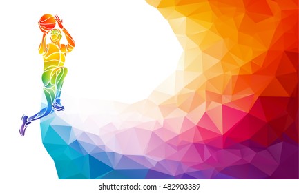 Basketball player jump shot polygonal silhouette on colorful low poly background.