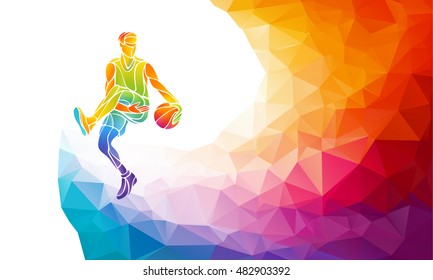 Basketball player jump shot polygonal silhouette on colorful low poly background.