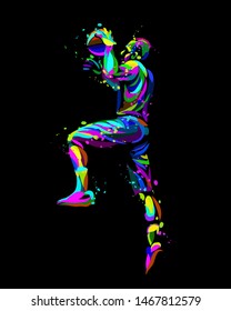 Basketball player in a jump throws the ball.  Abstract, multicolored hand-drawn graphics of a basketball player with watercolor splashes on a black background.