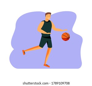 The basketball player jumped to throw in a basketball basket. Stock vector flat illustration with a dark-haired man or guy a basketball player and a ring as a concept of victory