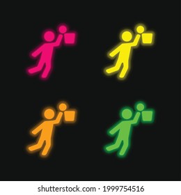Jugador de baloncesto Jumping And Ball cuatro colores brillantes neón vectorial icono