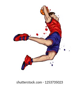 Basketball player jumping with the ball. A guy or a man in shorts and a t-shirt. Sport and basketball. Vector illustration.