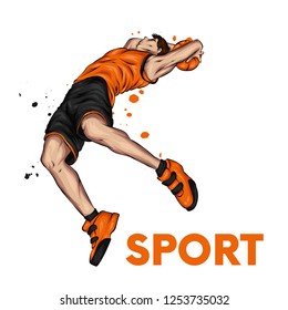Basketball player jumping with the ball. A guy or a man in shorts and a t-shirt. Sport and basketball. Vector illustration.