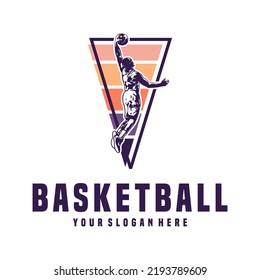 Basketball Player Jumping With Ball In Hand. Slam Dunk Basketball Logo. Basketball Sport Design Template