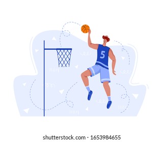 Basketball player jumping with ball on sport playground, muscular athletic man or sportsman in uniform training - banner for sport academy website, app, flat people - vector