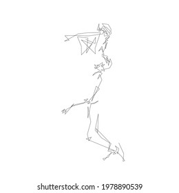 Basketball player jumping with ball, slam dunk. Continuous line drawing, abstract isolated vector silhouette