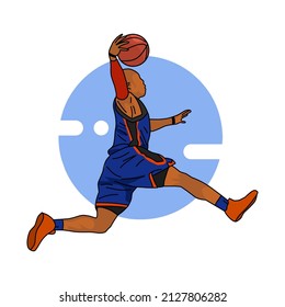 basketball player jumping with the ball. vector illustration with blue background. suitable for children's coloring book. eps file