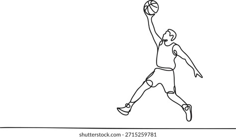 Jogador de basquete saltando em linha contínua. Esboço de linha única de atleta realizando ação dinâmica pose com bola. Conceito de atletismo desportivo e estilo de vida saudável. Ilustração de vetor minimalista mostrando movimento e ação de esportista saltitante. Desenho artístico de jogo dinâmico de jogo profissional.
