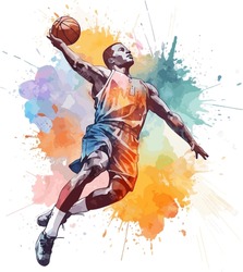 Basketball Player Jumping For A Dunk, African American, Colorful Watercolor Style 2D Vector, Isolated In White Background