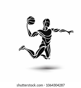 Basketball player jumping dunking in silhouette isolated, vector illustration.