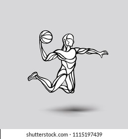 Basketball player jumping dunking in silhouette isolated, vector illustration.