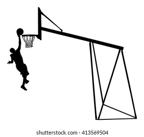 Basketball player jumping dunking in silhouette isolated white background. Basketball player vector illustration isolated on white background. Basketball hoop vector silhouette illustration.