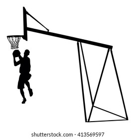 Basketball player jumping dunking in silhouette isolated white background. Basketball player vector illustration isolated on white background. Basketball hoop vector silhouette illustration.