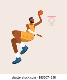 Basketball Player Jumping to Net Vector Illustration, Flat Design of Afro Man Playing Basketball, Basketball player flat hand drawn,Athlete hitting the ball smash cartoon character.