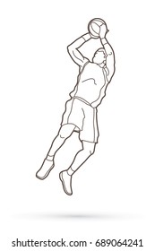 Basketball player jumping and prepare shooting a ball outline stroke graphic vector