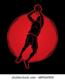 Basketball player jumping and prepare shooting a ball designed on sunlight background graphic vector