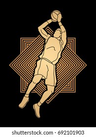 Basketball player jumping and prepare shooting a ball designed on luxury square background graphic vector