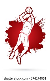 Basketball player jumping and prepare shooting a ball designed on spatter ink background graphic vector