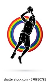 Basketball player jumping and prepare shooting a ball designed on rainbow background graphic vector