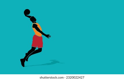 basketball player jumping and putting the ball in the basket. Man plays basketball silhouette vector illustration