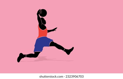 basketball player jumping and putting the ball in the basket. Man plays basketball silhouette vector illustration