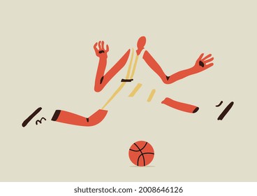 Basketball player jumping and running with ball under. Simple and minimal character isolated. Bright color artwork in flat design. Illustration for web, print, poster, tee shirt.