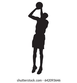 Basketball Player Jumping And Shooting. Vector Silhouette