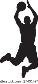 Basketball player jumping for slam dunk silhouette icon vector illustration, male athlete action pose in sports competition