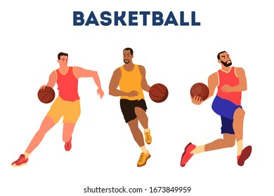 Basketball player jumping and throwing a ball. Basketball player training. Championship tournament, team sport concept. Isolated vector illustration in cartoon style