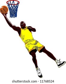 The basketball player jumps and throws a ball in a basket (vector)