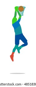 Basketball player jumps and throws ball in a basketplayer. Vector abstract polygon color flat illustration isolated on white background