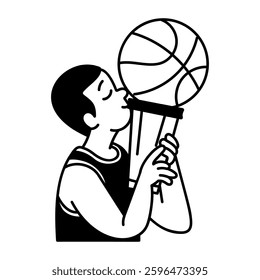 A basketball player kissing trophy, doodle style illustration 
