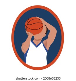 A basketball player makes a free throw of the ball. The symbol, icon, logo of the sports game basketball in an oval frame. Vector illustration.