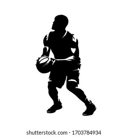 Basketball player makes jump shot, isolated vector silhouette. Ink drawing