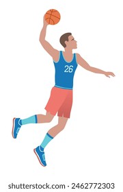 Basketball Player makes a three point Jump Shot. Player leaps into air and shoots ball at moment of reaching highest point of the leap. Vector illustration.