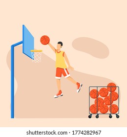 basketball player making slam dunk, flat design