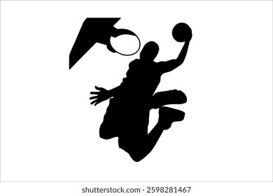 Basketball Player Making a Slam Dunk Silhouette Against White Background