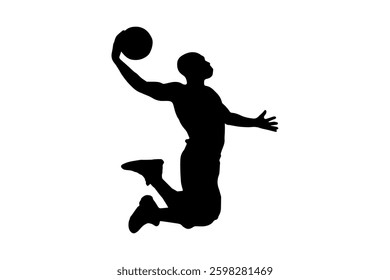 Basketball Player Making a Slam Dunk Silhouette Against White Background