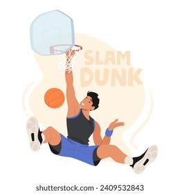 Basketball Player Male Character Executing A Gravity-defying Slam Dunk, Gripping The Hoop With Power And Finesse, Leaving Spectators In Awe Of Athletic Prowess Displayed. Cartoon Vector Illustration