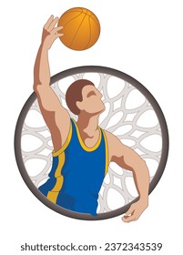 basketball player male with hoop in background