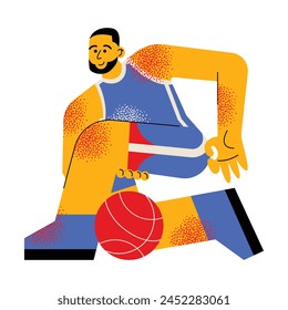 Basketball player. Man athlete playing sport game, dribbling ball. Male character, young active guy in action, training, exercising, workout. Flat vector illustration isolated on white background